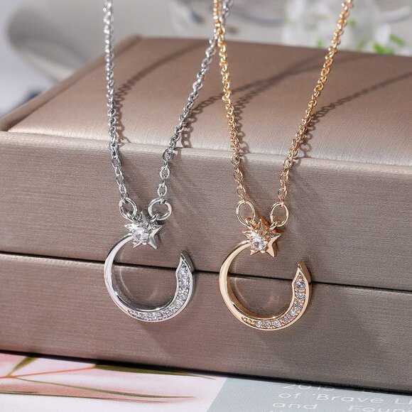 Crystal Shiny Micro Pave Moon Star Gold Trendy Necklace for Women, INDN8645 - Picture 4 of 5